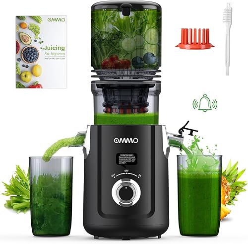 OMMO Máquinas de exprimidor de prensa en frío canal de 5.1 pulgadas de ancho para frutas y verduras enteras, exprimidor lento sin BPA fácil de