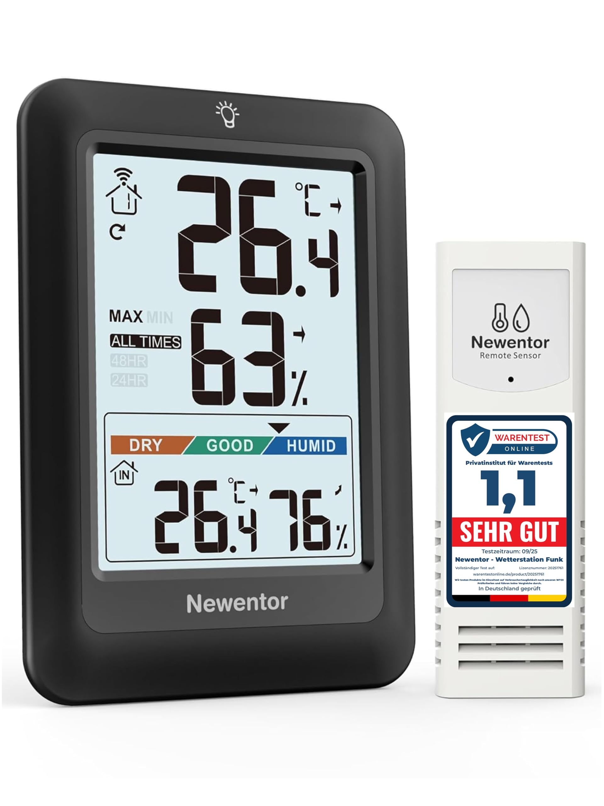 Newentor MAX MIN Thermometer innen außen 24/48 Std./alle Zeiten - Hygrometer Innen mit Luftkomfort - Wetterstation Funk mit Außensensor - Raumthermometer mit Beleuchtung, Schwarz, 1*Außensensor