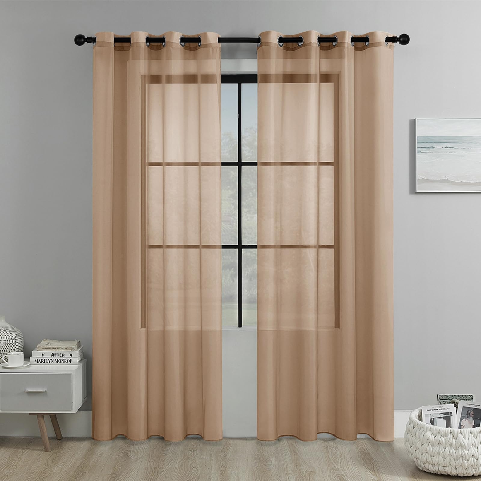 JIXINHEKEJI 2 Panels Sheer Curtains, Grommet Top Light Filtering Voile Drapes, Wrinkle Resistant Window Curtain For Bedroom Living Room(Size:100x200cm / 39"x79",Color:Brown)