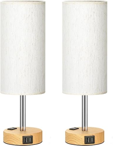 Miniatura 2 de Fenmzee Juego de 2 lámparas de noche, color beige, atenuación completa, carga USB A + C, salida de CA, control giratorio, bombillas incluidas