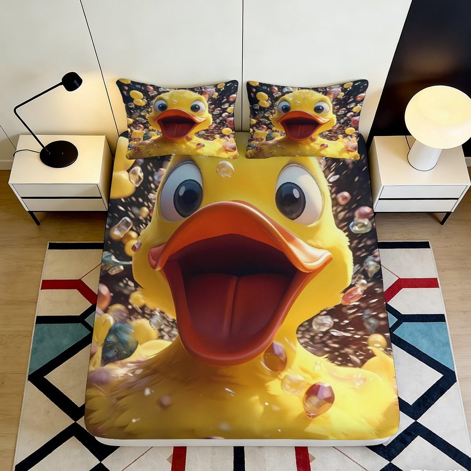 3D Printed Cartoon Duck Fitted Sheet Microfiber Soft Breathable 3D Printed Yellow Duck Mattress Cover for Bedroom Dormitory Guest Room Protection 140x200x25cm
