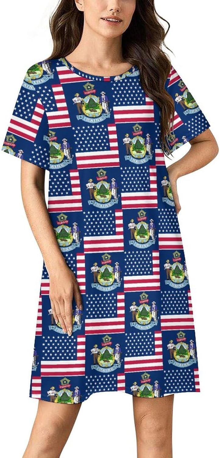 Flag of Usa And Maine Nightgowns for Women Short Sleeve Sleep Dress Casual Sleepshirt Night Gowns Pajamas