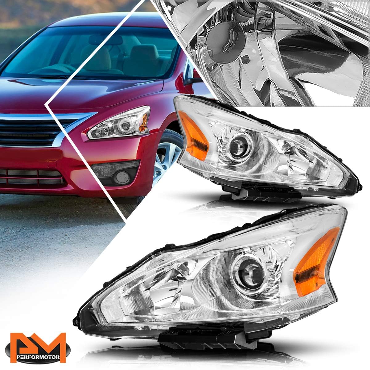 PM PERFORMOTOR Projector Headlight Assembly Compatible with Altima 13-15 | Headlamps with Chrome Housing Amber Corner