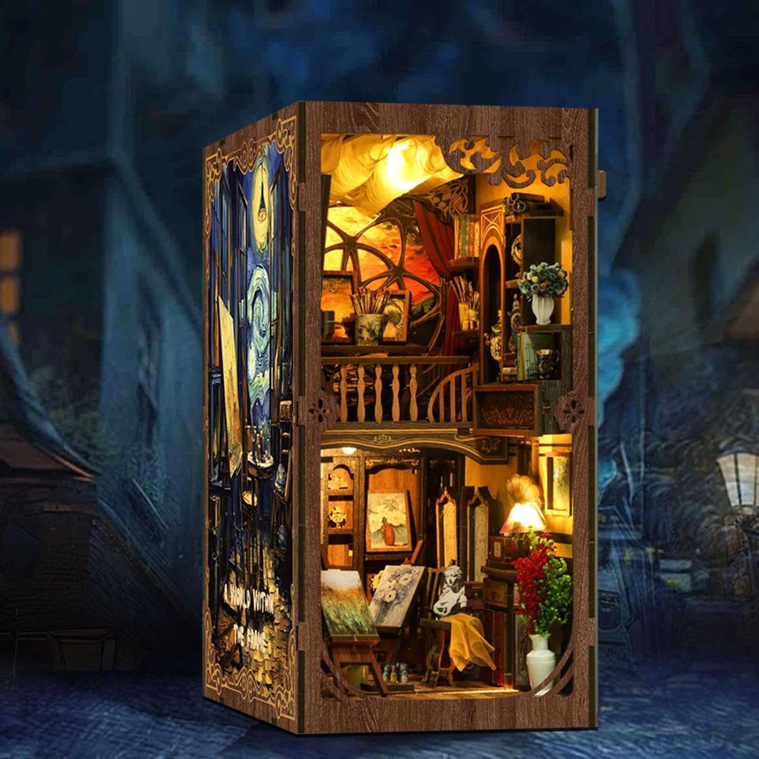 DIY Book Nook Kit for Adults, A World Within The Frame DIY Miniature Kit Wooden Bookshelf Insert Decor with LED Lights Craft Kits