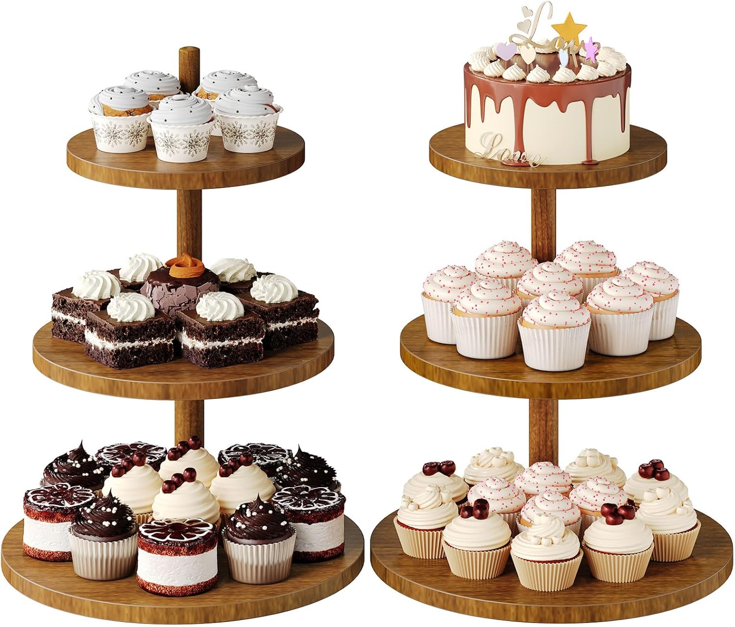 Cupcake Stand, 3 Tiered Cake Stands Rustic Dessert Table Display Set Wooden Cupcake Tower Cake Stand Tiered Tray Stand for Wedding Birthday Baby Shower, 2 Pack
