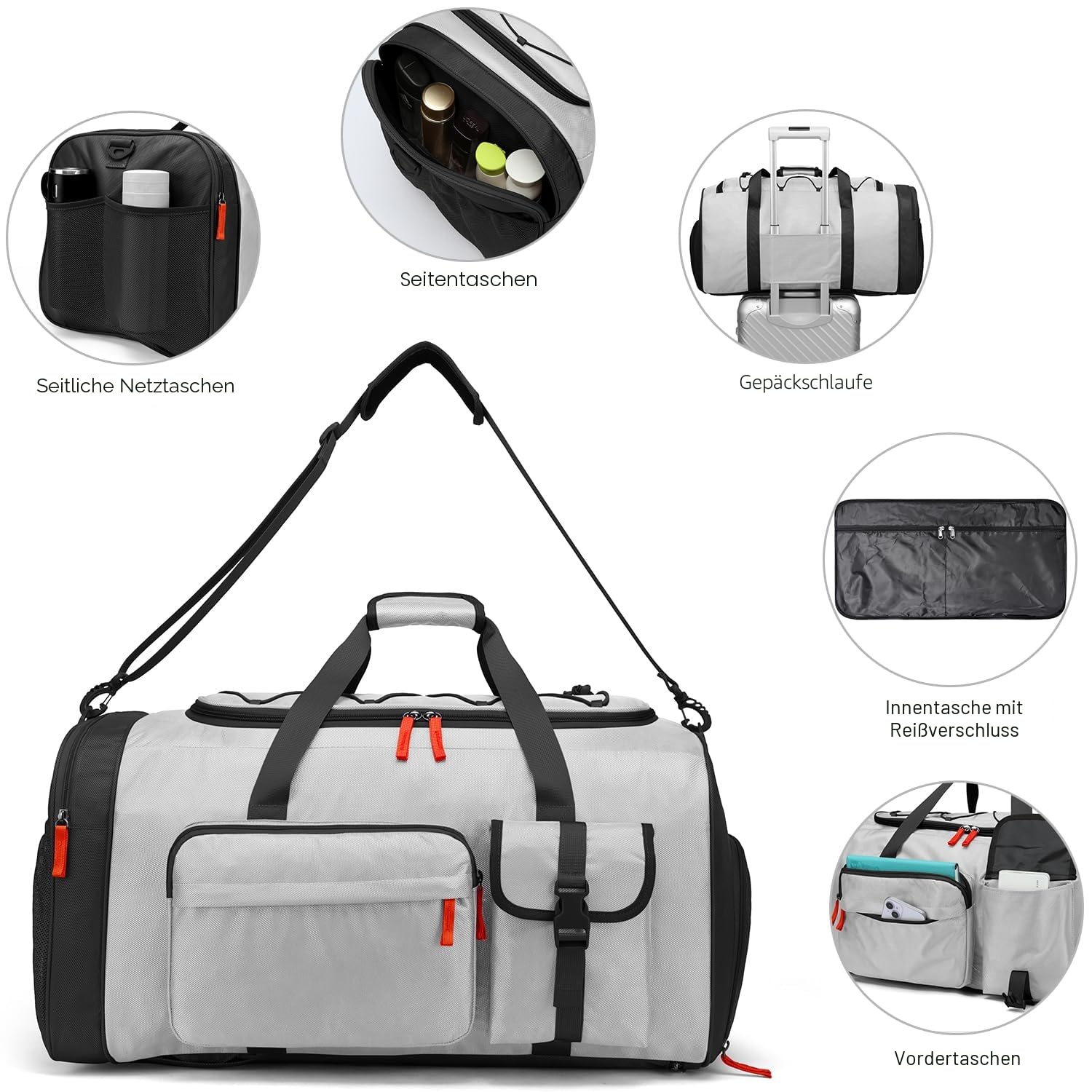 70L Sporttasche Groß Sportrucksack Herren mit Schuhfach Wochenend Sport Reisetasche mit Rucksackfunktion Wasserdicht Fitness Trainingstasche für Damen Gym, Reisen, Camping, Grau