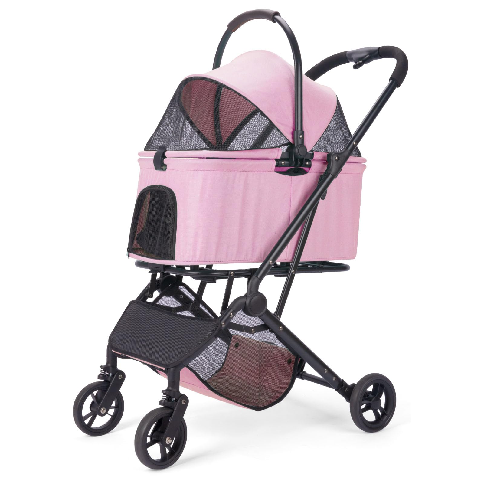 AESRAOU 2 IN1 Dog Strollers with Removable Carrying Basket, Foldable Puppy Carts with 4 Fast Wheels, Minimalist Pets Stroller with Storage Bag for Medium Small Dogs Cats Outdoor Travel (Pink)