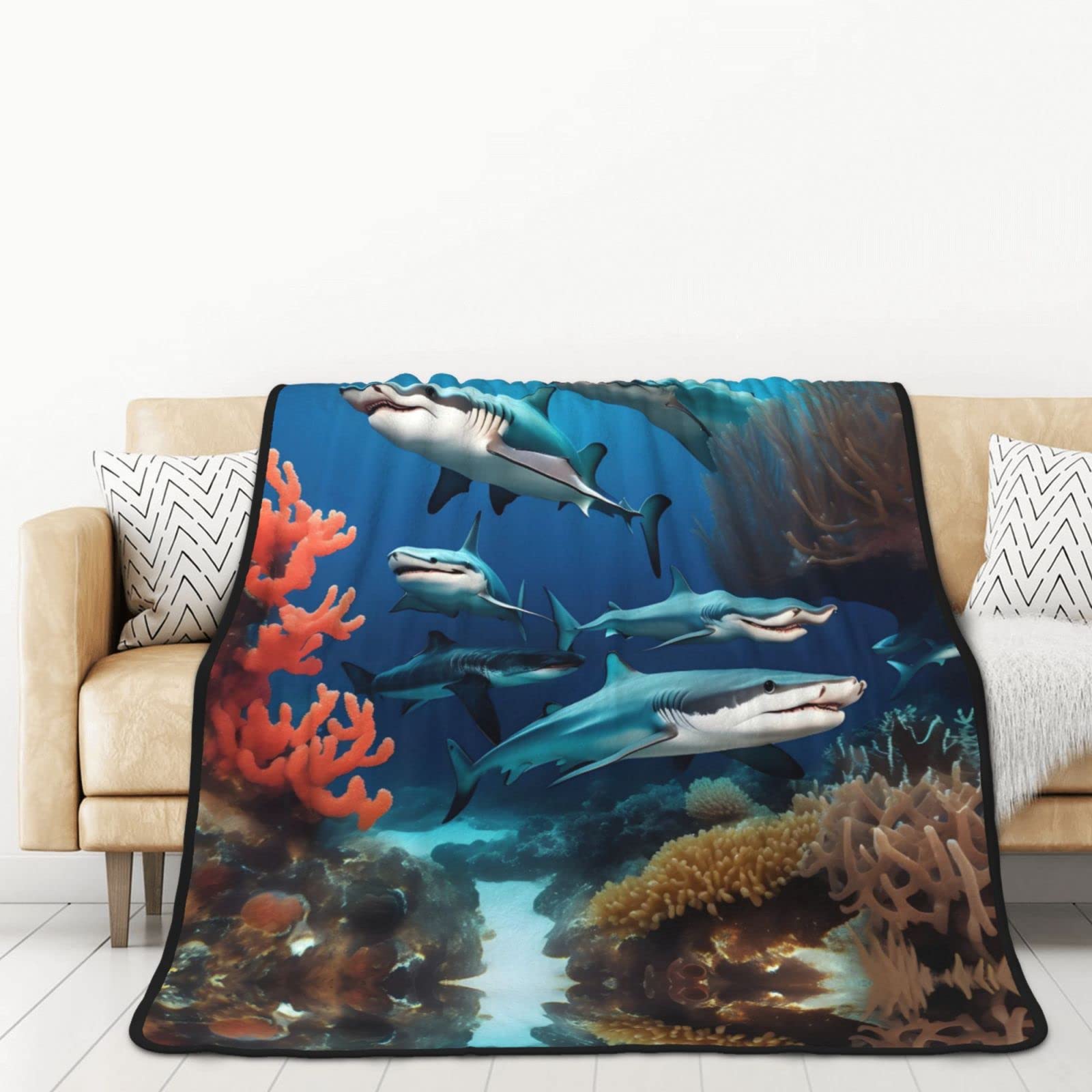Couverture requin flanelle adulte plaid double face motif marin jeté de lit chaud