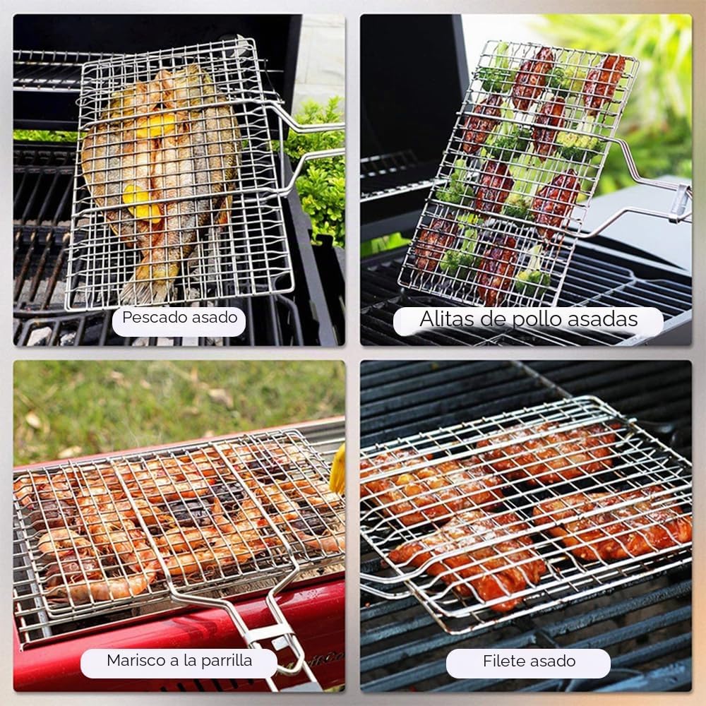 Parrilla plegable de acero inoxidable con mango extraíble para parrilladas al aire libre, pescado y verduras, caja