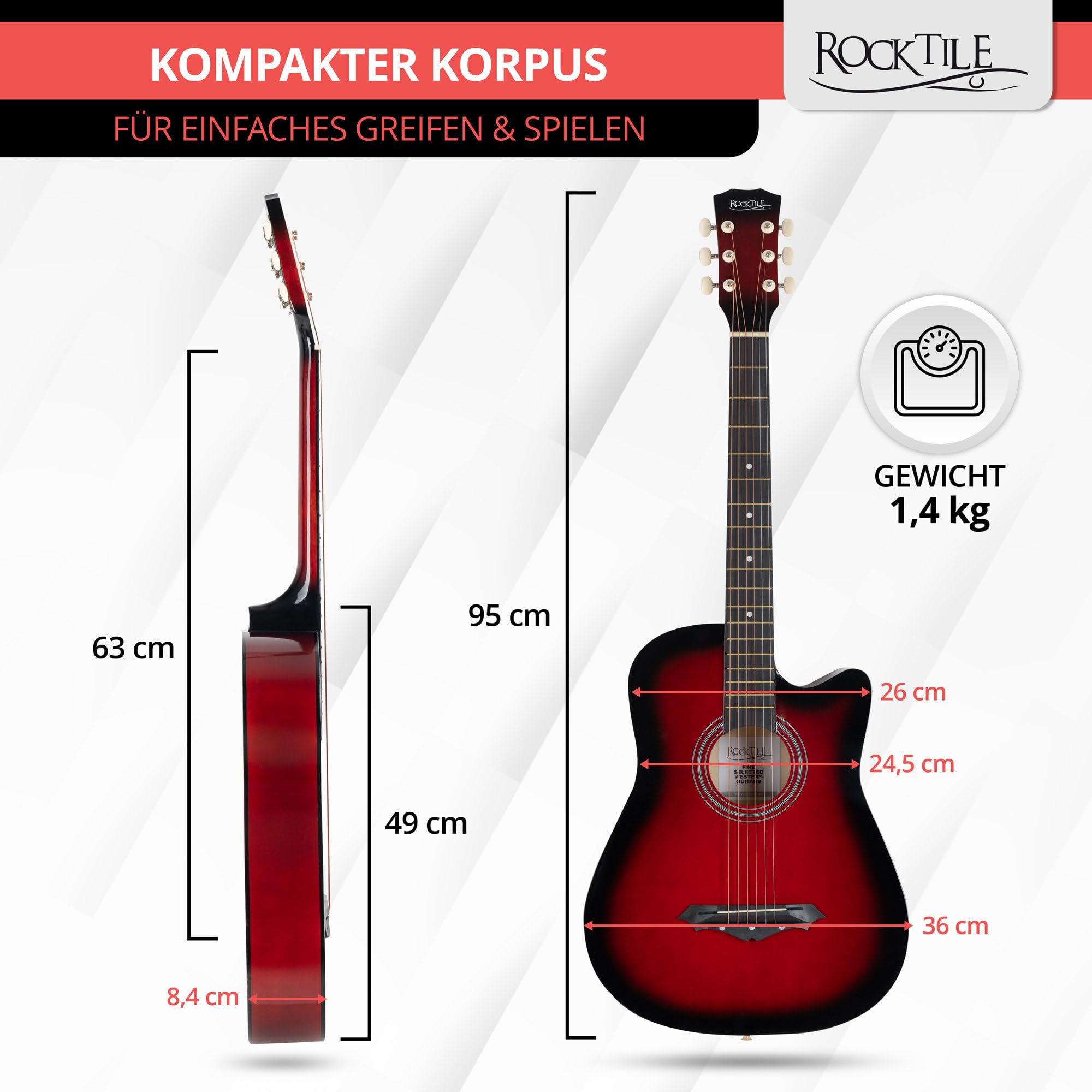 Rocktile WSD-5C-RDB Slim Line zestaw gitar westernowych, gitara akustyczna Dreadnought - gitara westernowa z korpusem z lipy - szyja: Catalpa - zestaw z torbą, strunami zapasowymi, paskiem i kostkami