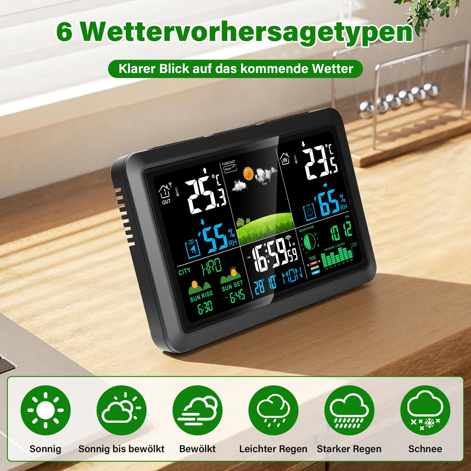Wetterstation Funk mit Außensensor - Innen und Außentemperatur, Luftfeucht, Luftdruck, Wettervorh, Mondphase, DCF Funkuhr, Batteriebetrieb & Netzbetrieb für Wohnzimmer, Schlafzimmer, Garten