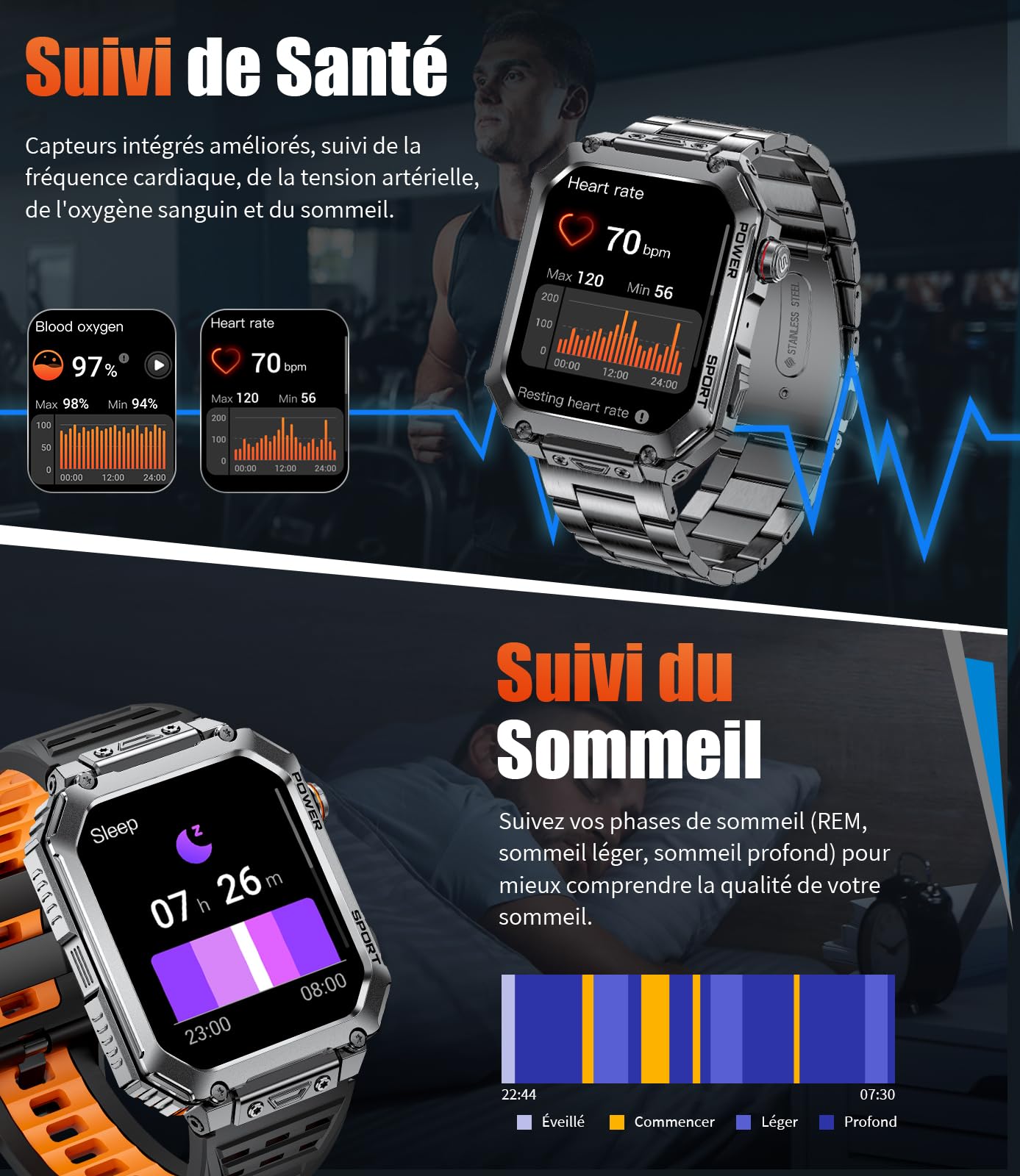 LIGE Montre Connectée Homme avec 3 Bracelets, Grand Écran HD de 2,01", Appels Bluetooth, Suivi de la Fréquence Cardiaque, Podomètre, Smartwatch Étanche IP68 Compatible Android et iOS, EF2-L