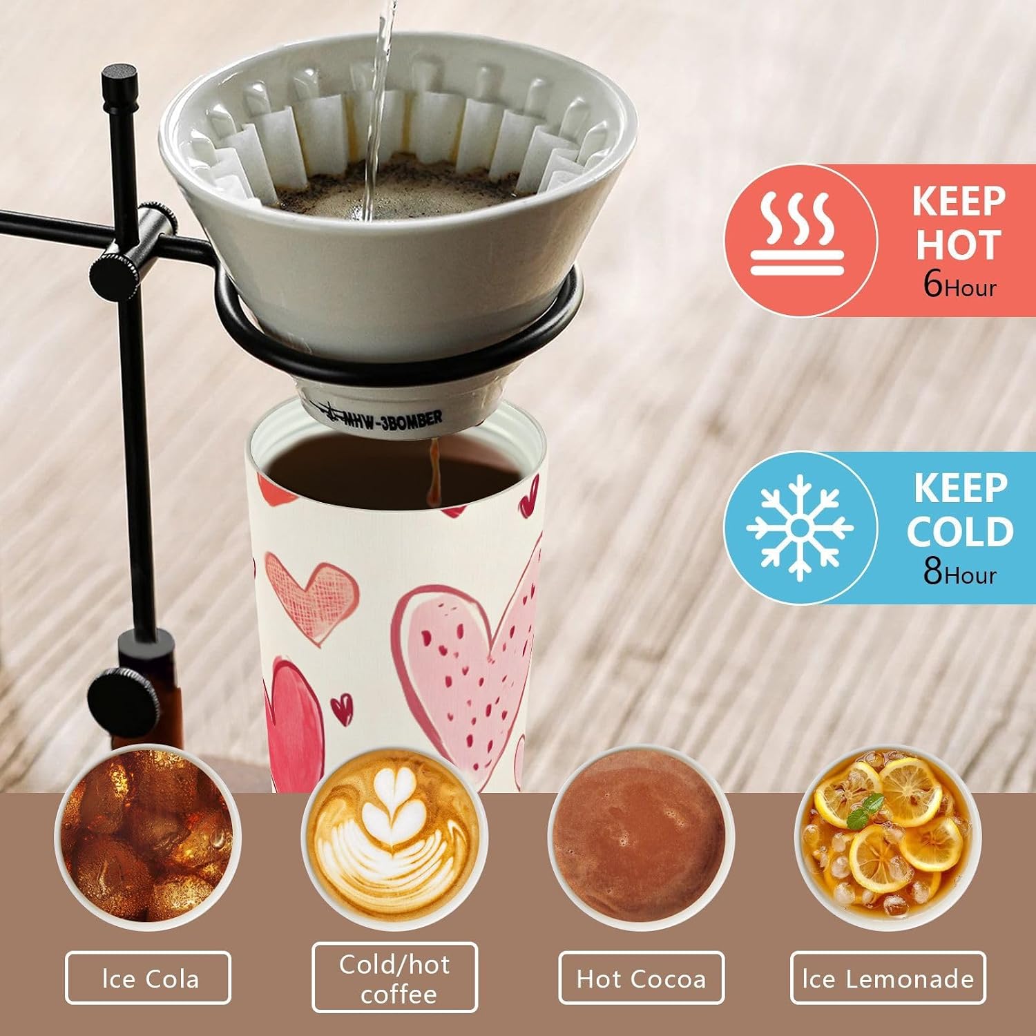 Insulated Coffee Mug Love Red Art with Straw & Flip Lid, 16.9oz Iced Tumbler Cup, Double Wall Vacuum Mug for Travel Office Camping