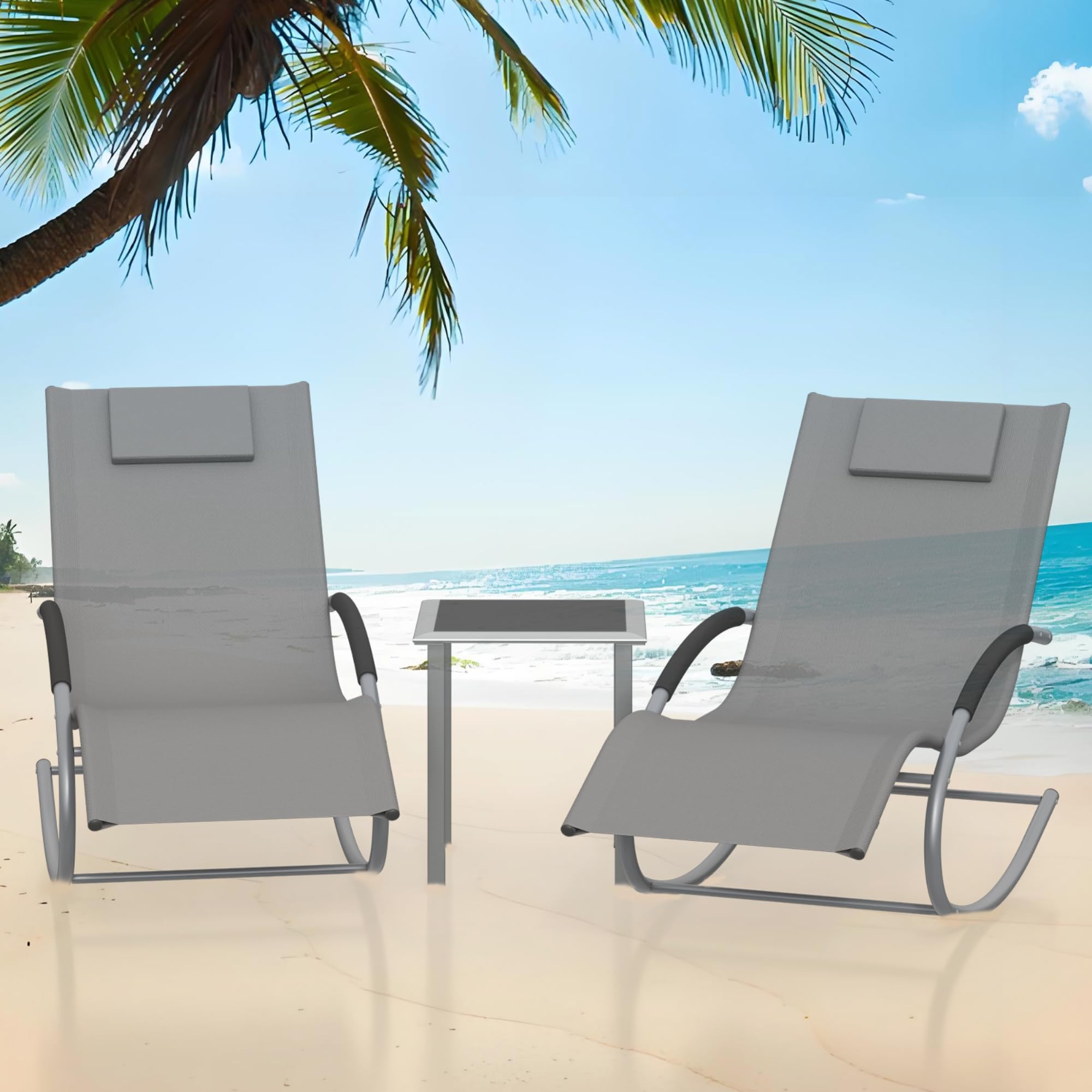 Garvee Conjunto de 2 Tumbonas de Jardín y Mesa Auxiliar, Muebles de Exterior de Hierro Transpirable con Almohadas, Hamacas Reclinables para Terraza, Patio, Balcón y Piscina, 190x58x30 cm Gris