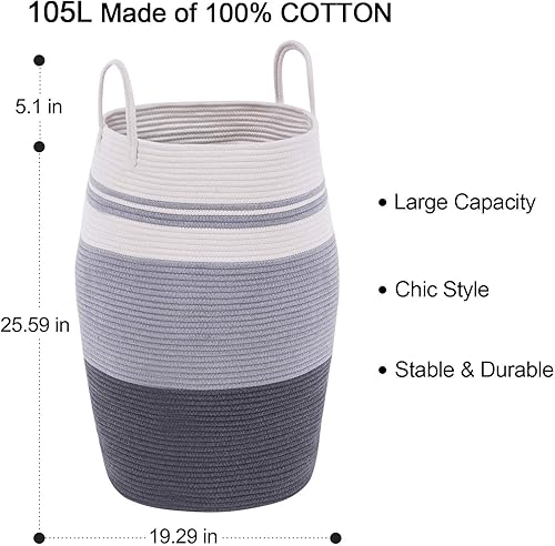 Miniatura 3 de Cesta de lavandería tejida extra grande de 105 litros con asas de cuerda de algodón resistentes para ropa y juguetes en dormitorio, cuarto de bebé,