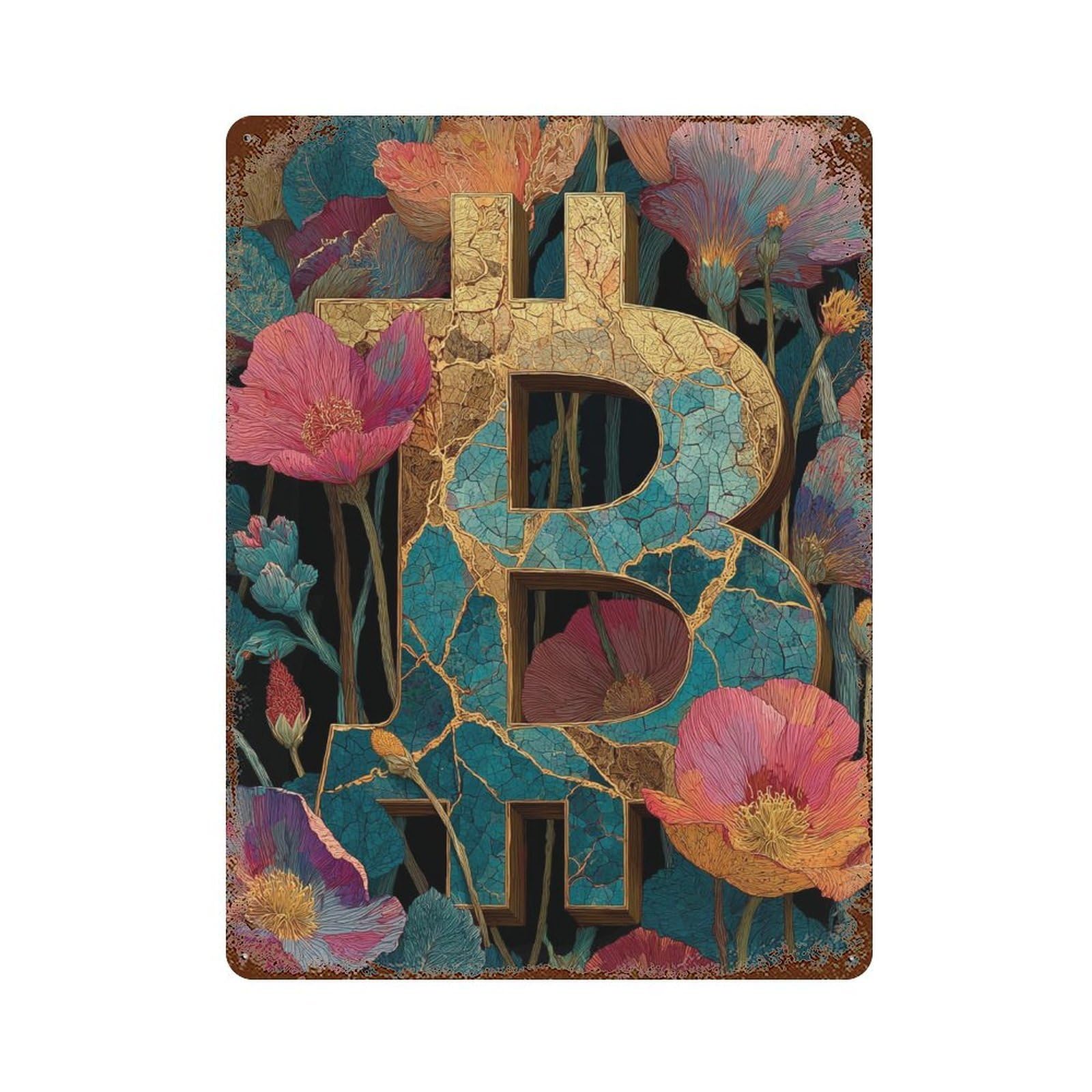 Floral Cracked Artwork 15.7"x11.8" Retro Metal Sign, Vintage Wall Decor for Office, Studio And Wall Decor