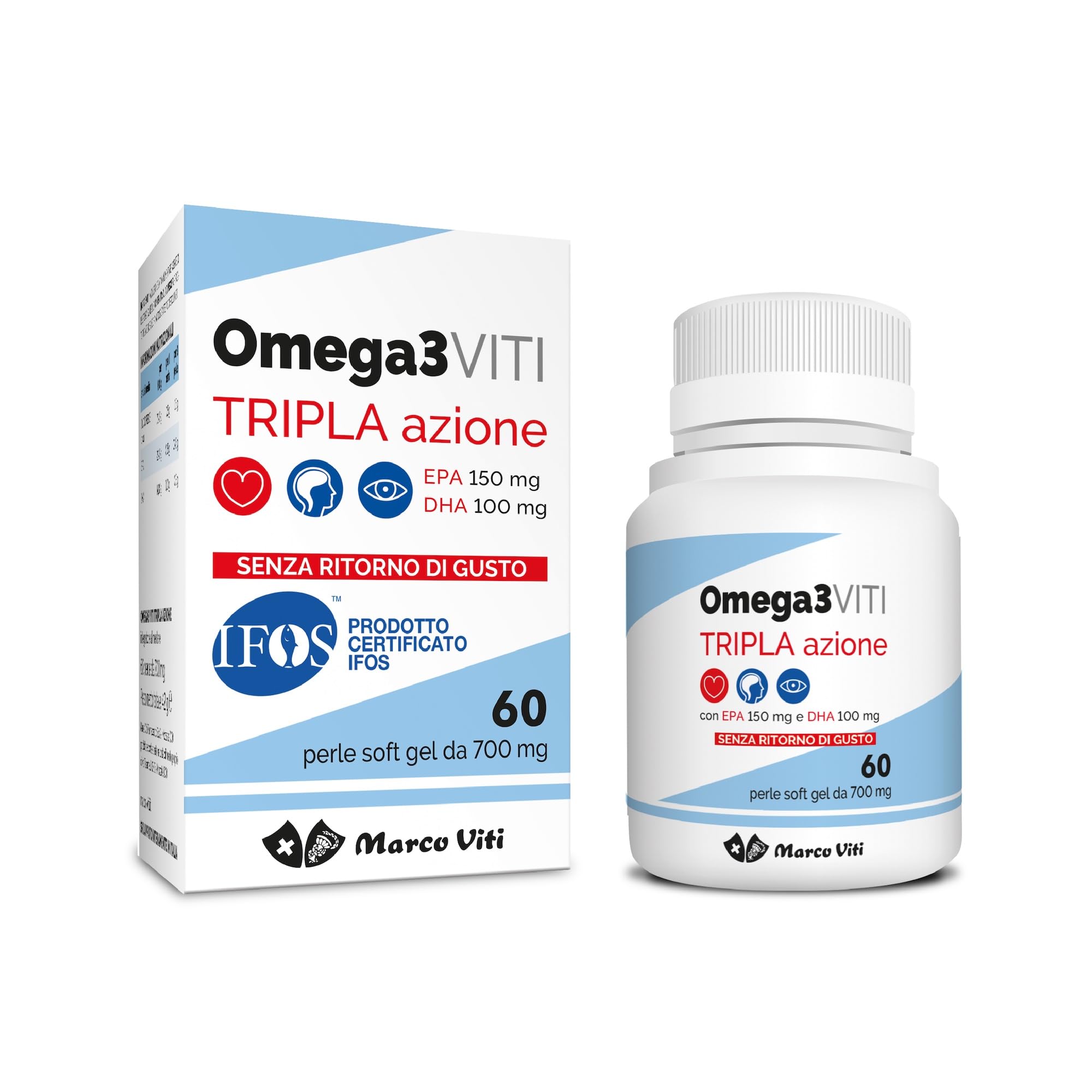 Omega3 Viti Tripla Azione, Integratore ad Alta Concentrazione di Omega-​3 per Cuore, Cervello e Vista, Assunzione Giornaliera, 60 Capsule da 700 mg