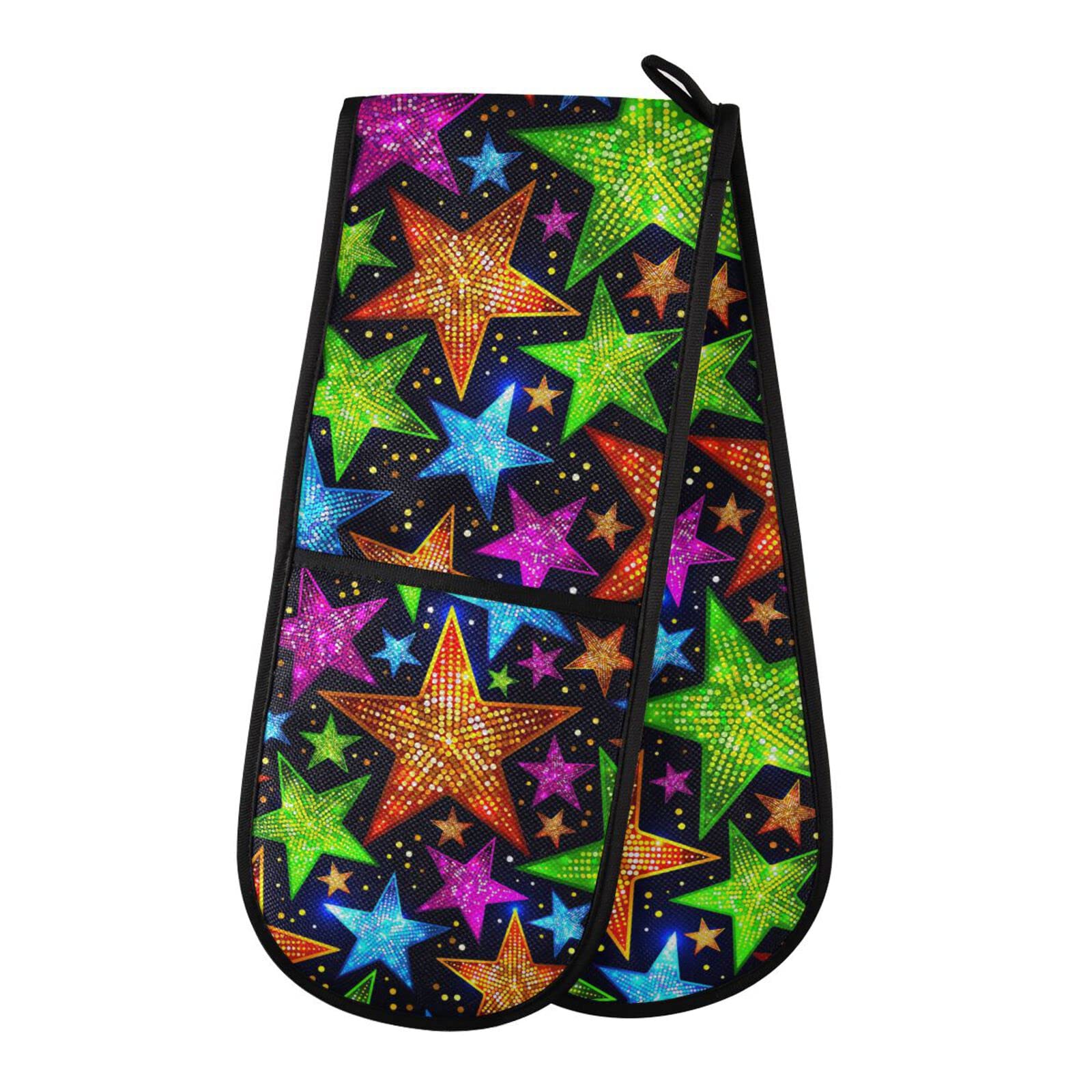 Double Oven Glove Colourful Star Pattern Heat Resistant Double Ovens Mitt Modern Cooking Gloves Potholders