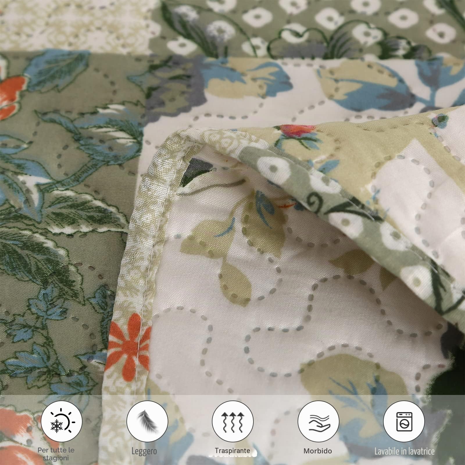 Qucover Copriletto Trapuntato Matrimoniale Patchwork, Copriletti Ultrasuoni in Poliestere Leggere, Trapunta Sottile Estivo Primaverile 230x260 cm con 2 Federe, Verde