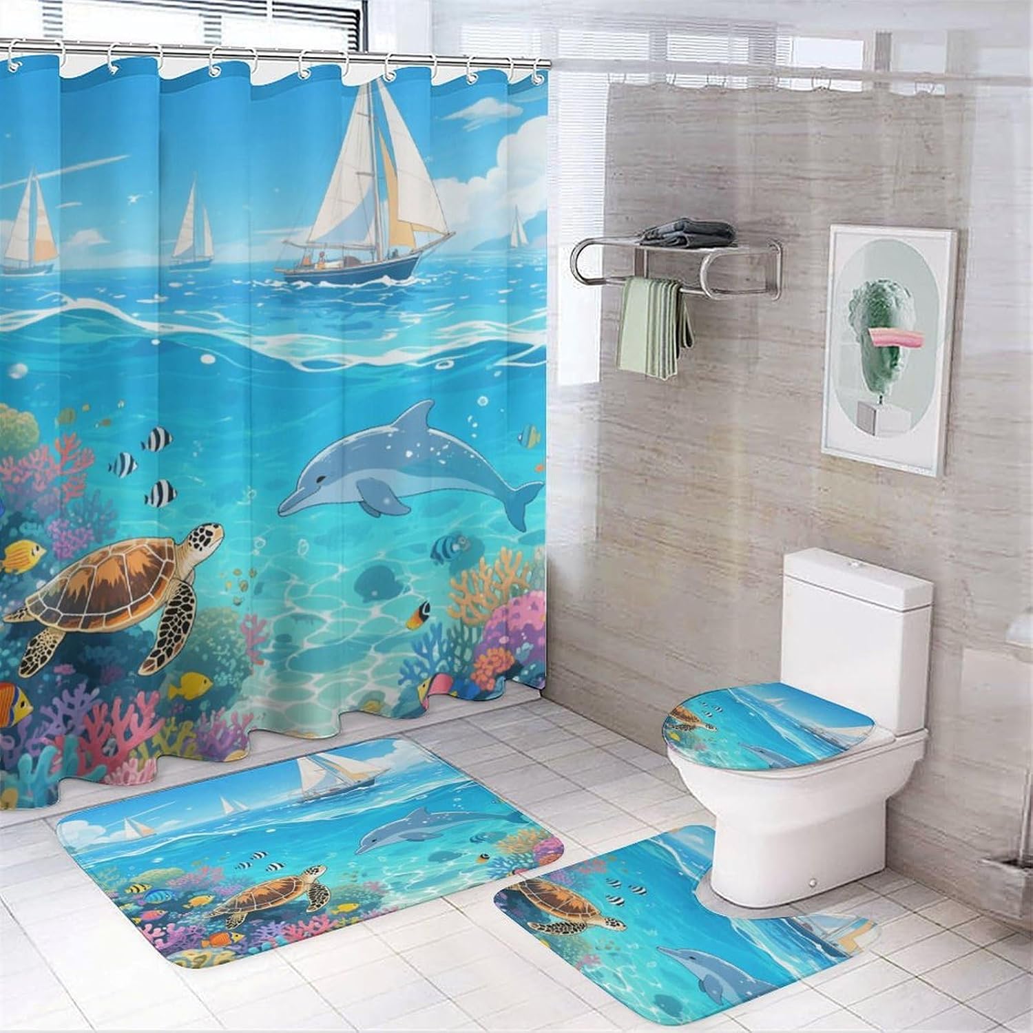 Coral Reef Sea Bath Rug Set 4 Piece,Bathroom Accessories Set-Toilet Rugs U Shaped,Toilet Lid Cover,Shower Curtain and Rugs,Ultra Soft, Absorbent,Home Decor