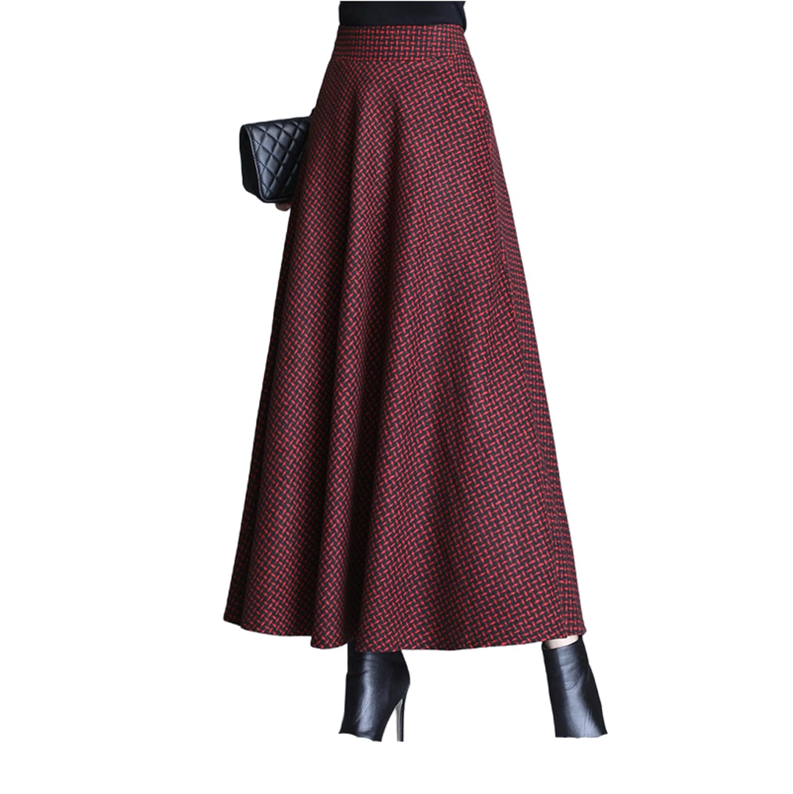 Womens Retro Temperament Plaid Skirt with Pocket Cashmere Blend Aline Skirt for Fall and Winter