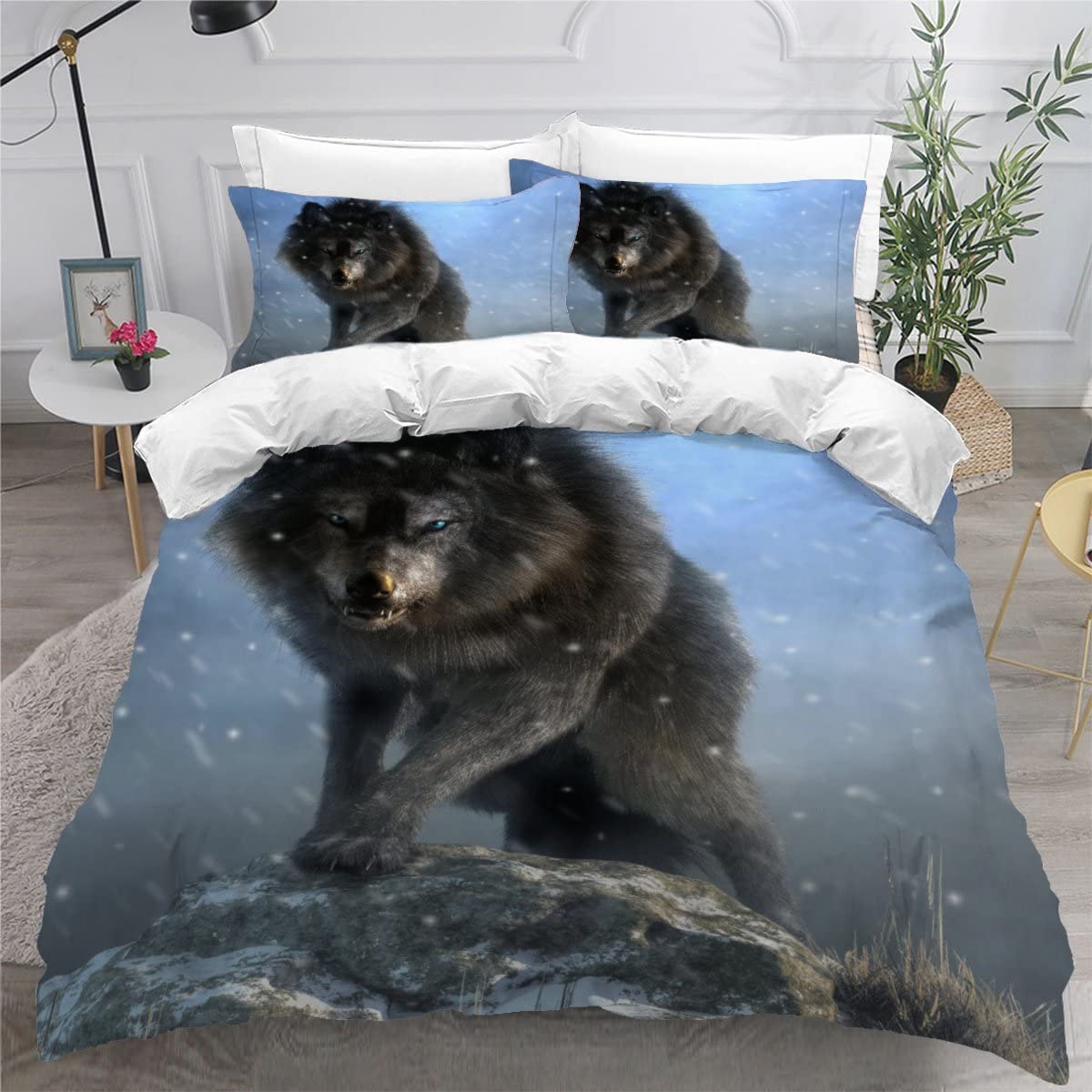 Housse de couette loup 140x200 literie enfant 3D parure de lit microfibre avec fermeture