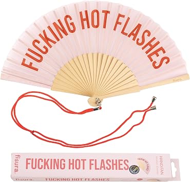 Fisura Original Folding Fan with Message Hot Flashes. Handheld folfing Fan for Women. Hanger Included. Menopause Wood Folding Hand Fan. Fans for Party, Birthday, Gift.