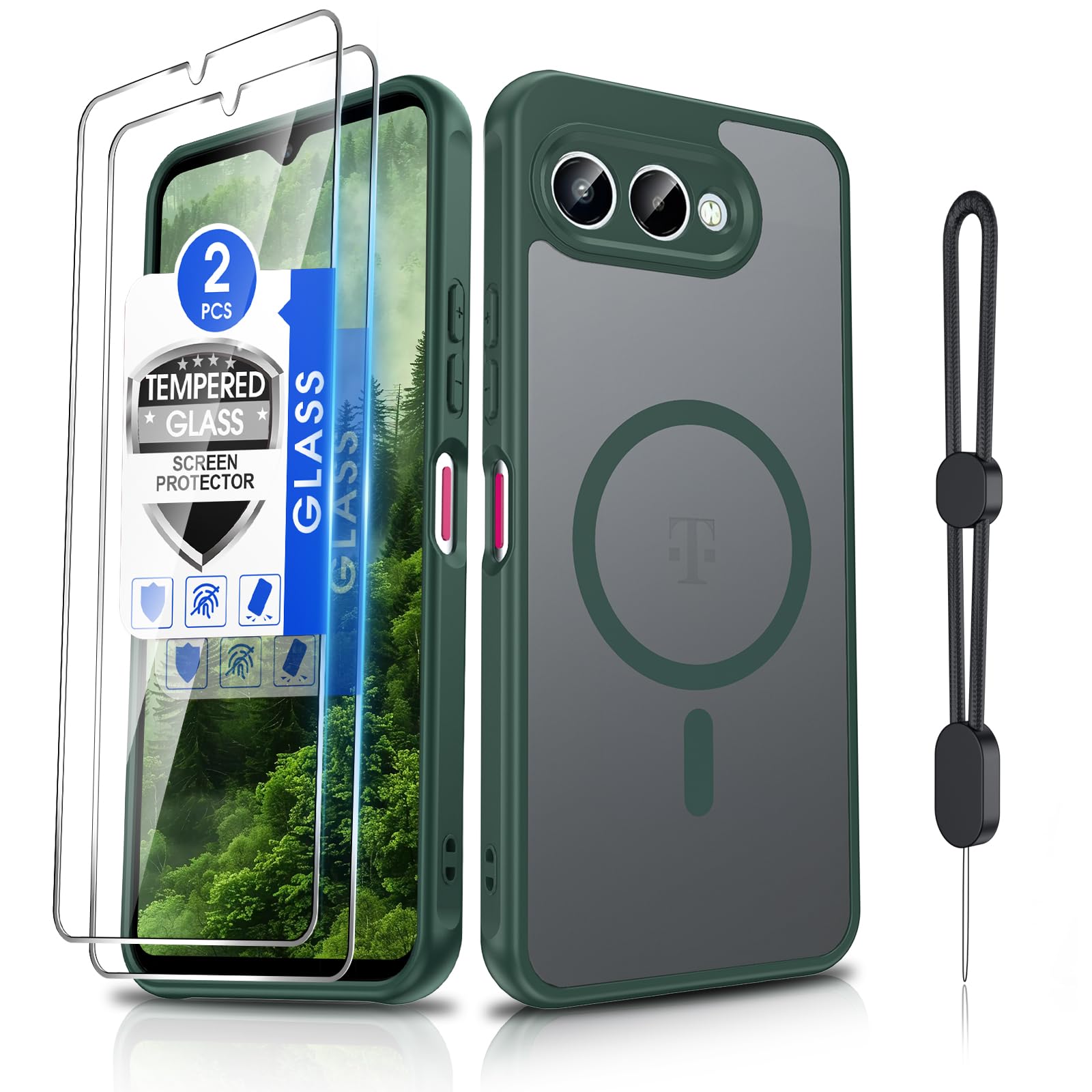 Dizn Compatible for T-Mobile Revvl 8 Case, Compatible with MagSafe, with Tempered Glass Screen Protector, Matte Translucent &amp; Military-Grade Magnetic Protective for Revvl8, Green