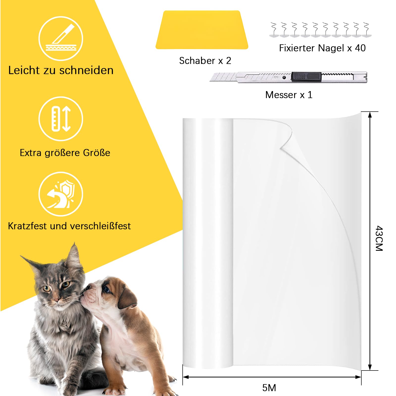 Krasbescherming voor katten, 20 cm x 5 m, krasbescherming, kattenmat, zelfklevende krabbeschermingsfolie, voor bank, meubels, deur, krasbescherming