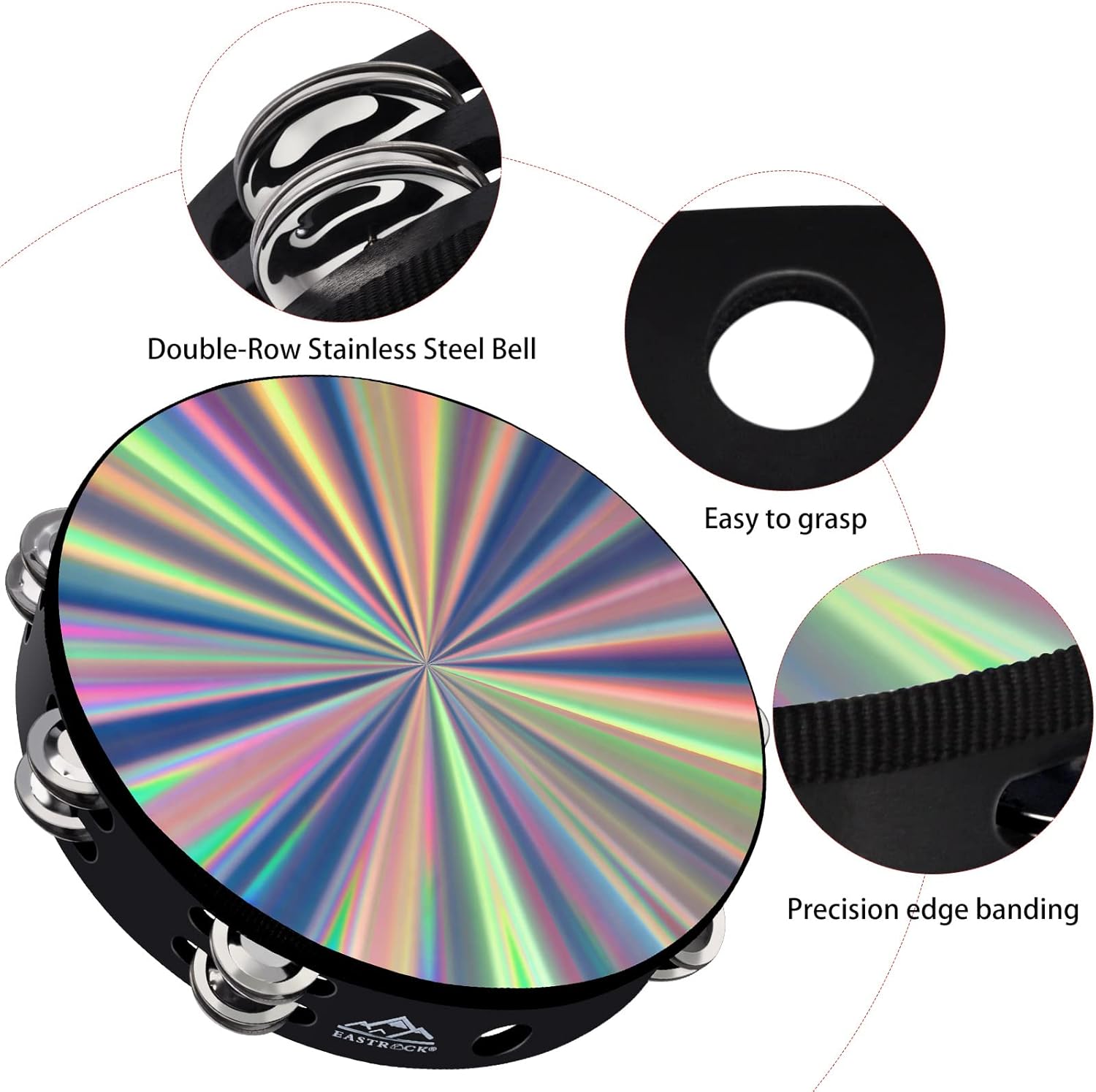 EASTROCK Radiant Tambourine Hand Held Drum 10 Inch Double Row Jingles Reflective Tambourine Musical Instrument for Adults Church KTV Party (2 Packs)