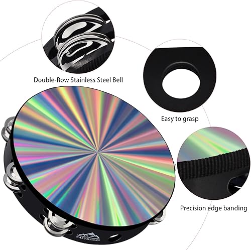 Miniatura 5 de EASTROCK Tambor de mano radiante pandereta de 10 pulgadas, doble fila, instrumento musical reflectante para niños, adultos, iglesia, fiesta de KTV