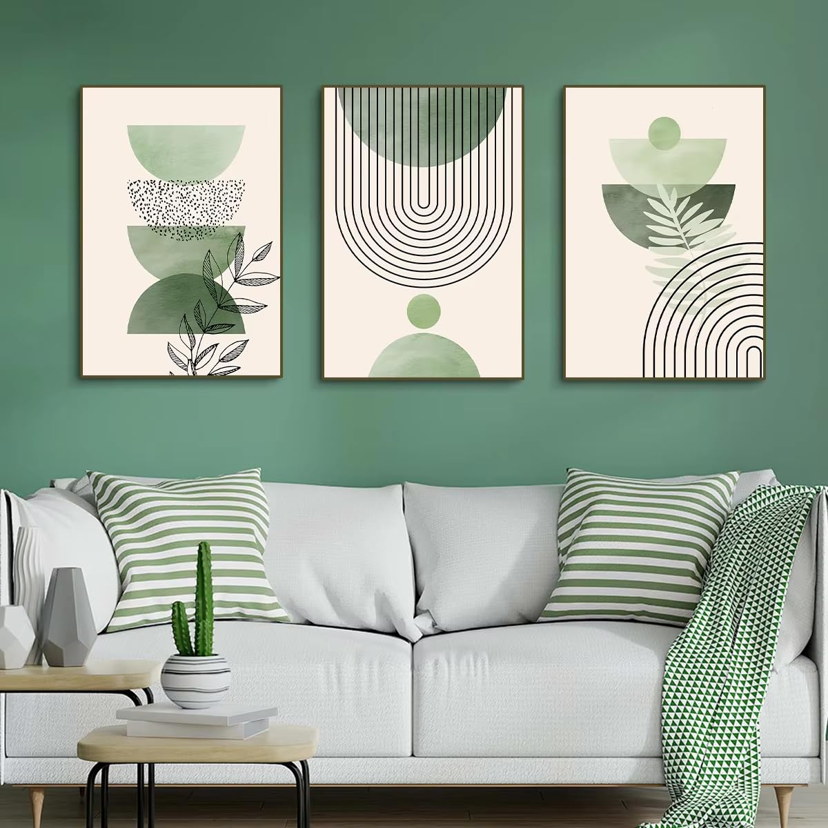 IHHGNB Boho szałwia zielone liście geometryczny plakat na płótnie minimalistyczny abstrakcyjny obraz ścienny do dekoracji wnętrz (50 x 65 cm 20 x 26 cali bez ramki)
