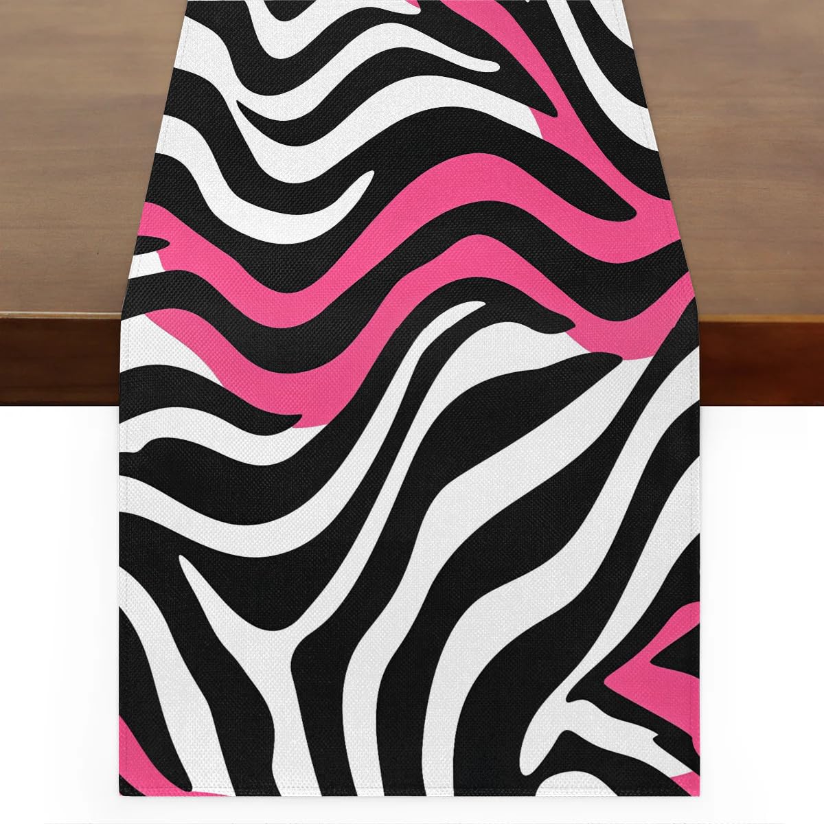 Chemin de table zébré nappe longue rose et noire 33x304 cm pour décoration de table de cuisine