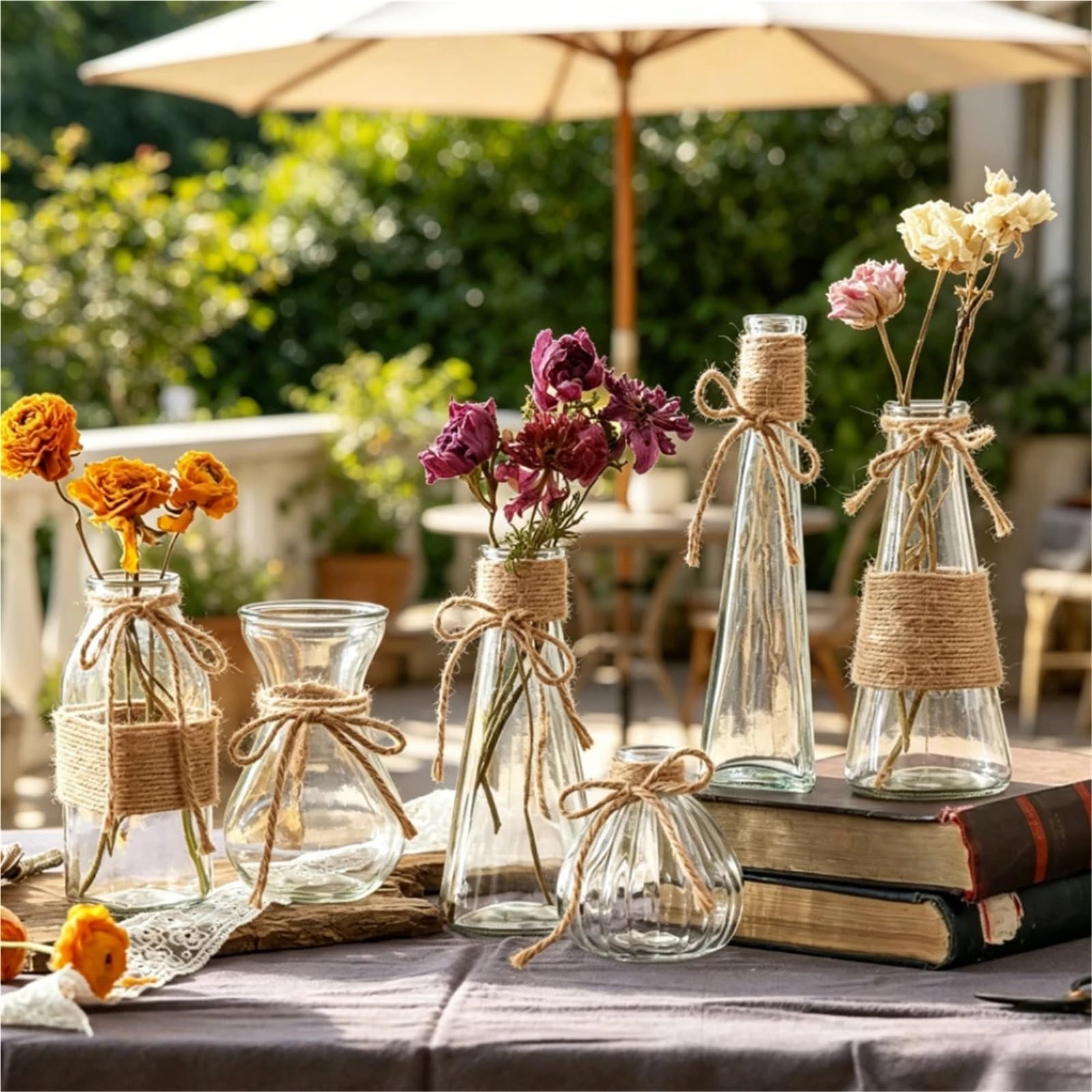 Vase Hydroponique Verre Ensemble de Vases en Verre Transparent, 6 pièces, Bricolage, Corde Chanvre, Artisanat, Fleurs nourrissantes à l'eau, décoration Salon Mariage, jardinière