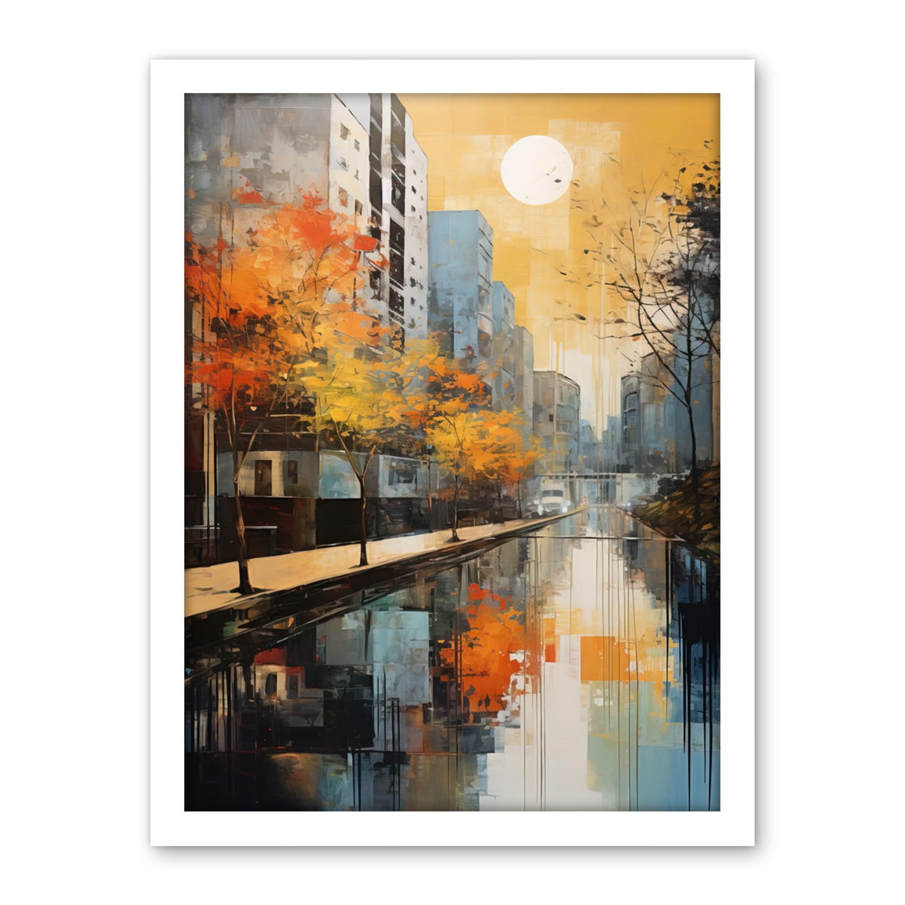 Artery8 Cityscape River Canal Oil Painting Blue Orange Trees Autumn in the City Artwork Framed Wall Art Print 18X24 Inch
