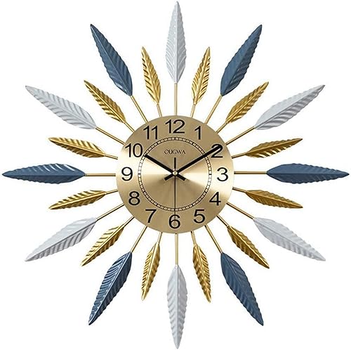 Clock Wall Clock Large Wall Clock,Retro Feather Geometric Design,Mute Golden Clock,Modern Polychromatic Vintage Metal Wall Clock Kitchen,Blue
