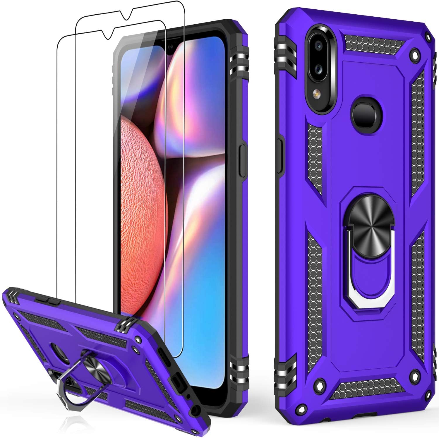 LUMARKE Galaxy A10S Case with Glass Screen Protector(2 Pack),Pass 16ft Drop Test Military Grade Heavy Duty Cover with Magnetic Kickstand,Protective Phone Case for Samsung Galaxy A10S Purple