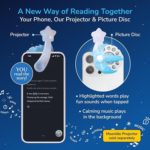 Moonlite Storytime Single Story for the Moonlite Projector (Sold Separately), Vibrant Storybook Art Projections with Playful Sound Effects and Calming Background Music for Kids - Clark the Shark