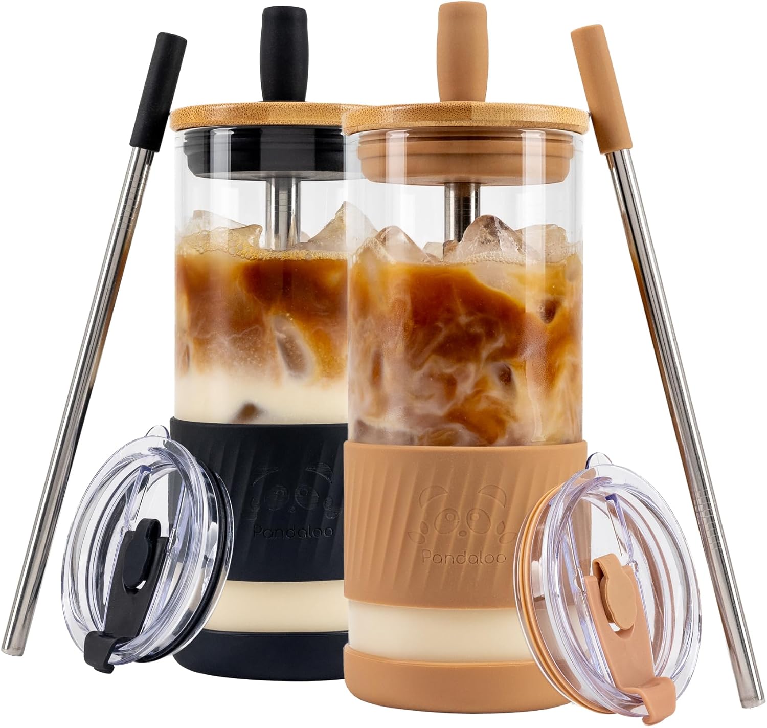 Pandaloo® Glass Cups With Lids and Straws -20 Fl Oz- Perfect Size Iced Coffee Cup - Smoothie Cup With Bamboo Lid and On the go Lid - Glass Tumbler (2 Count (Pack of 1), Amber Sand-Black Saphir) Amber Sand-Black Saphir 2 Count (Pack of 1)