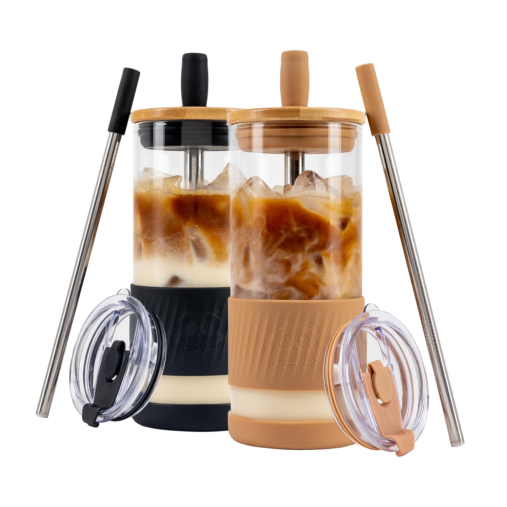 Pandaloo® Glass Cups With Lids and Straws -20 Fl Oz- Perfect Size Iced Coffee Cup - Smoothie Cup With Bamboo Lid and On the go Lid - Glass Tumbler (2 Count (Pack of 1), Amber Sand-Black Saphir)