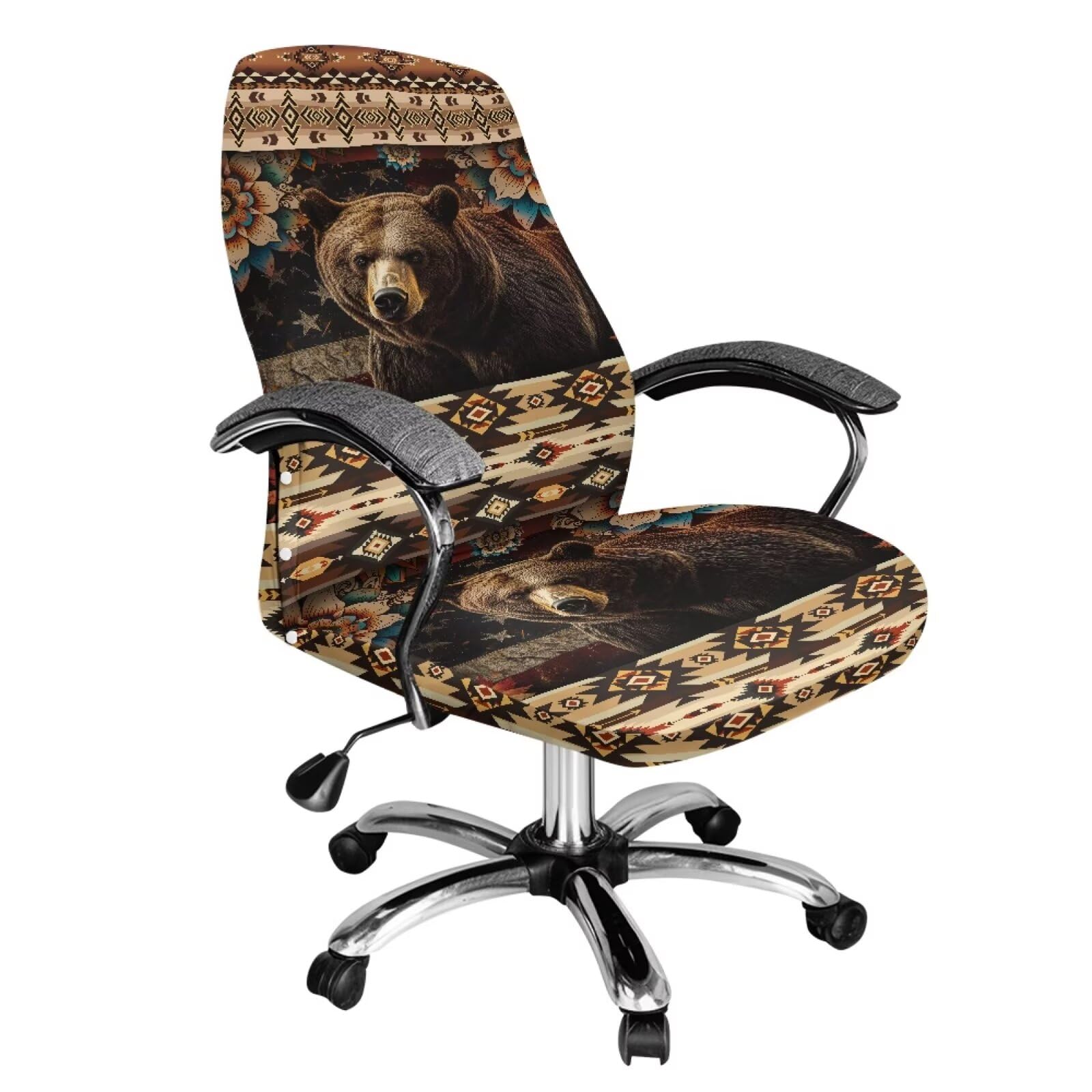 BYOXPUVI Aztec Bear Printed Office Chair Slipcovers Elastic, Mandala Flower American Flag Printed High Back Office Seat Cover, Dustproof Computer