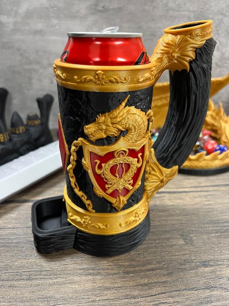 MunnyGrubbers - Dragon Mug Dice Tower with Tray - No Paint Odorless Insulated Cup Can Dice Tower - (Random 7PCS D20 Dice Set Included) - Dungeons and Dragons - DND Gift - (Black/Gold/Red)