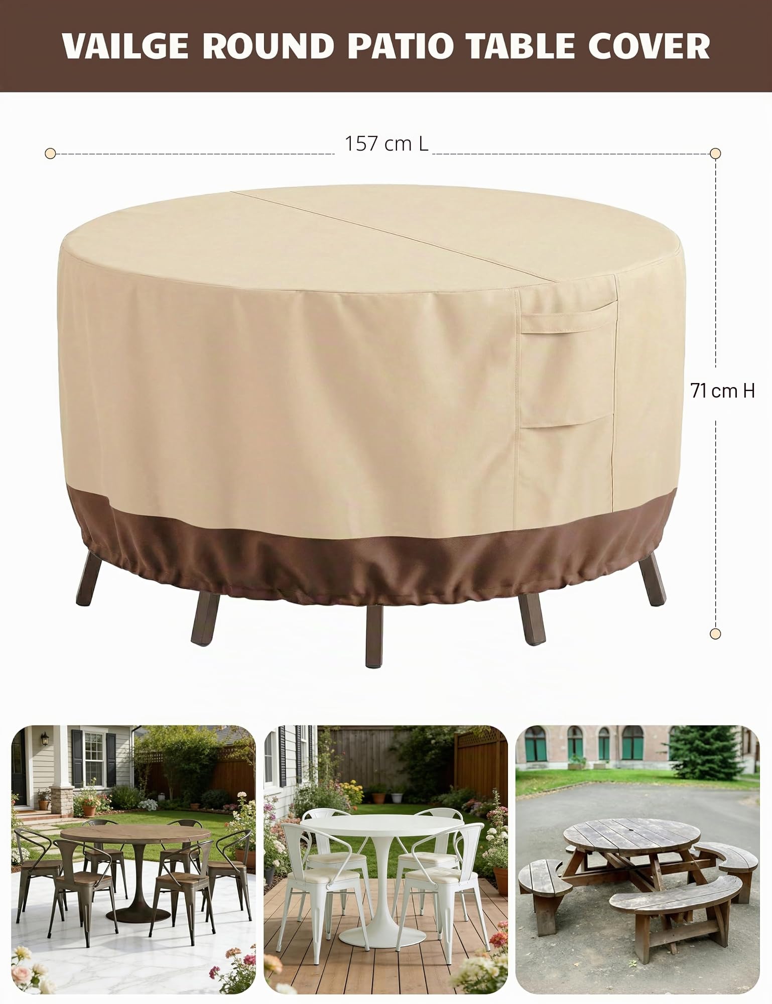 Vailge Housse ronde pour meubles de terrasse, 100 % imperméable, anti-décoloration, résistante aux UV, pour table et chaises, beige et marron, 157,5 x 71 cm (dia. x H)