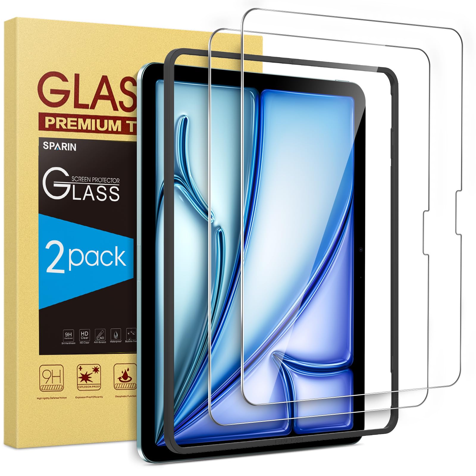SPARIN 2 Pack Screen Protector for iPad Air 11 Inch M3/M2 (7th /6th Generation, 2025/2024), Tempered Glass Film for iPad Air 7/6 Gen with Alignment Frame, Apple Pencil Pro & Case Compatible