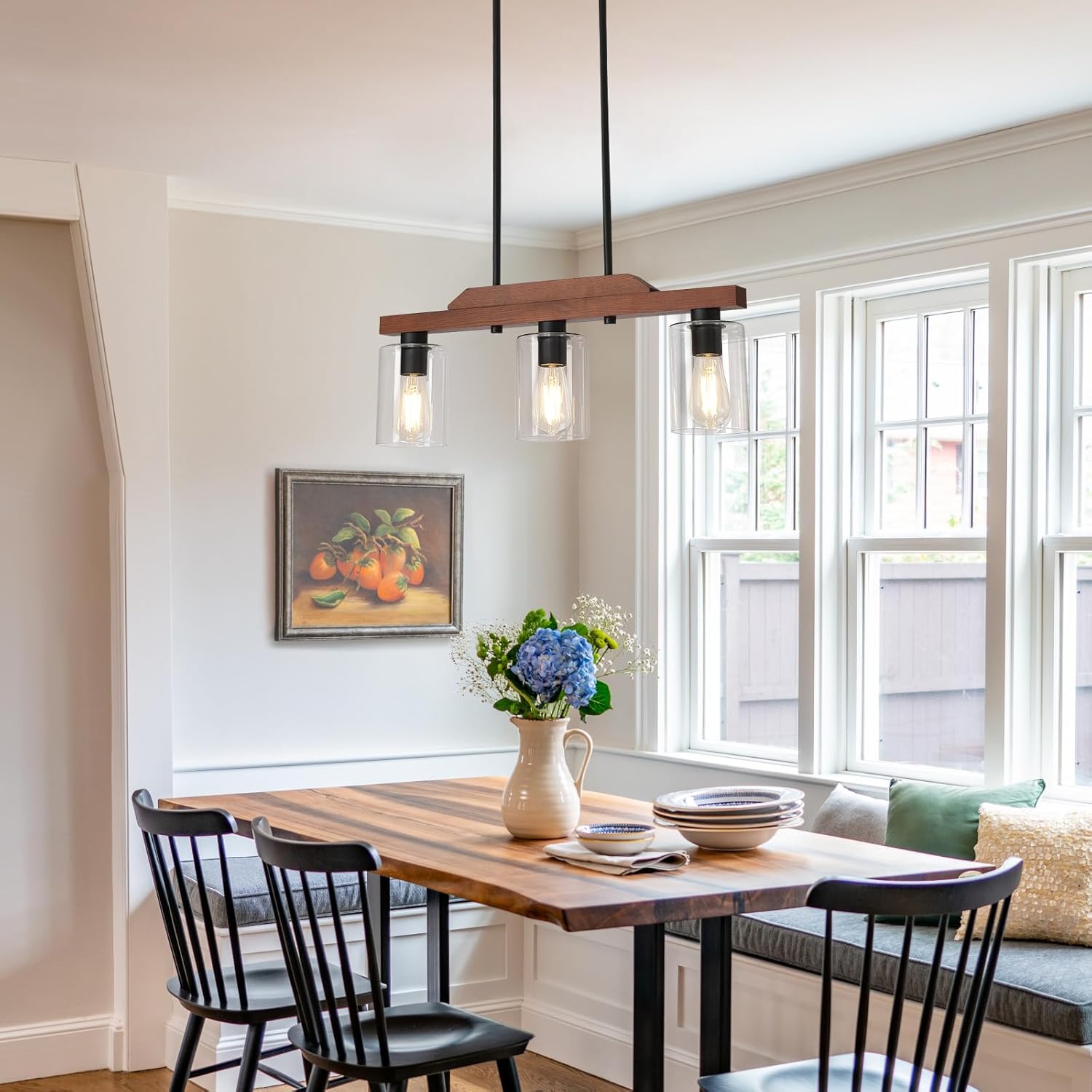 Dining Room Light Fixture,3-Light Rustic Wood Kitchen Island Chandelier Farmhouse Linear Pendant Light Ceiling Hanging for Bar Cafes Pool Table Foyer UL Listed