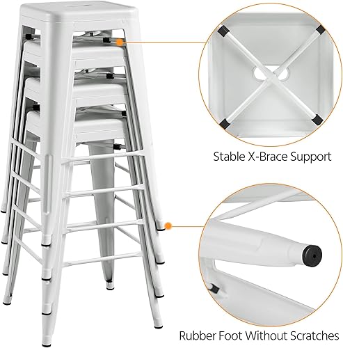 Miniatura 6 de Topeakmart Taburetes de bar de metal de 30 pulgadas, taburetes de bar altos, sin espalda, apilables, sillas de altura de barra, color blanco, juego