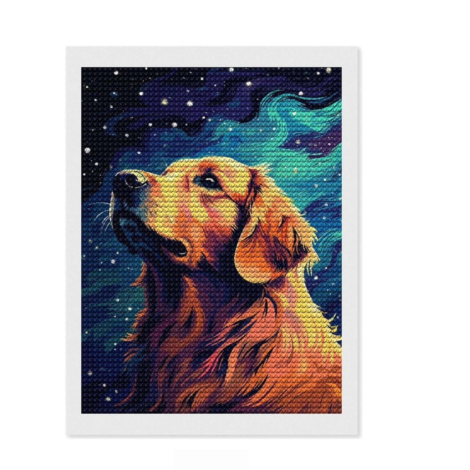 Junmoney Retriever Night Pixel Art DIY Diamond Art Canvas Kit 12"x16", for Teens, Full Kit Included, Cosy Home Accent, Birthday Gift, Printed Canvas