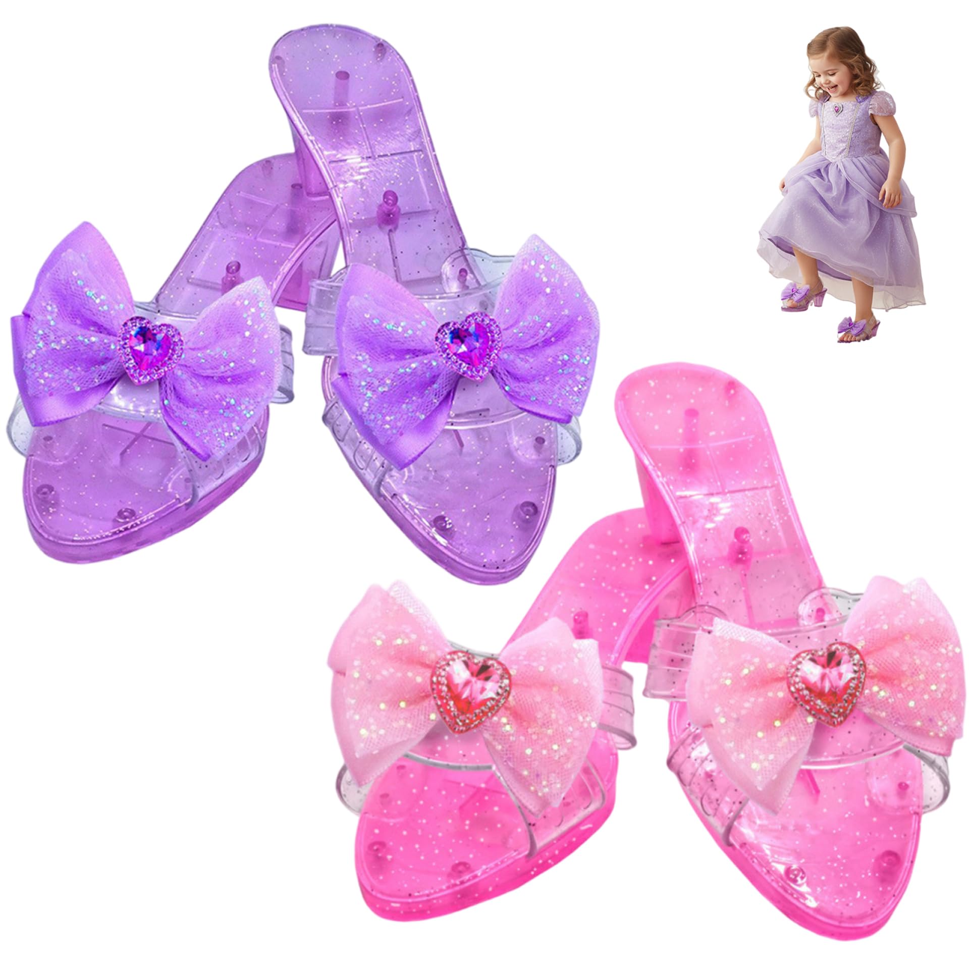 Ameble 2 Pairs of Sparkly Princess Dress Up Shoes for Girls, Glitter High Heel Toys with Bow for Toddler Pretend Play, & Purple Crystal Role Play Shoes girls dress up pairs sparkly princess hig