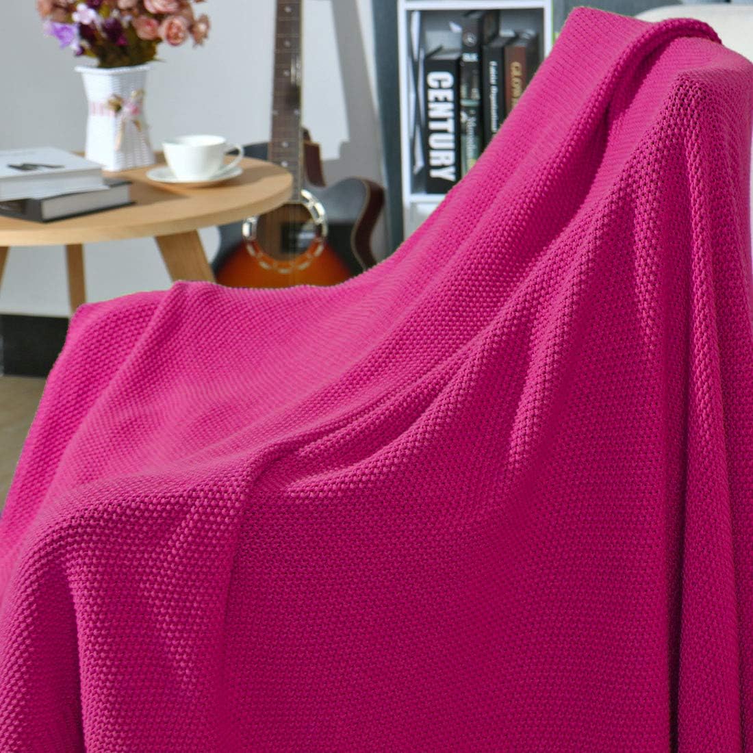 PiccoCasa 100% Cotton Knit Throw Blanket,Solid Lightweight Decorative Throws and Blankets,Soft Knitted Throw Blanket for Sofa Couch, Fuchsia 50" x 60" - Image 2