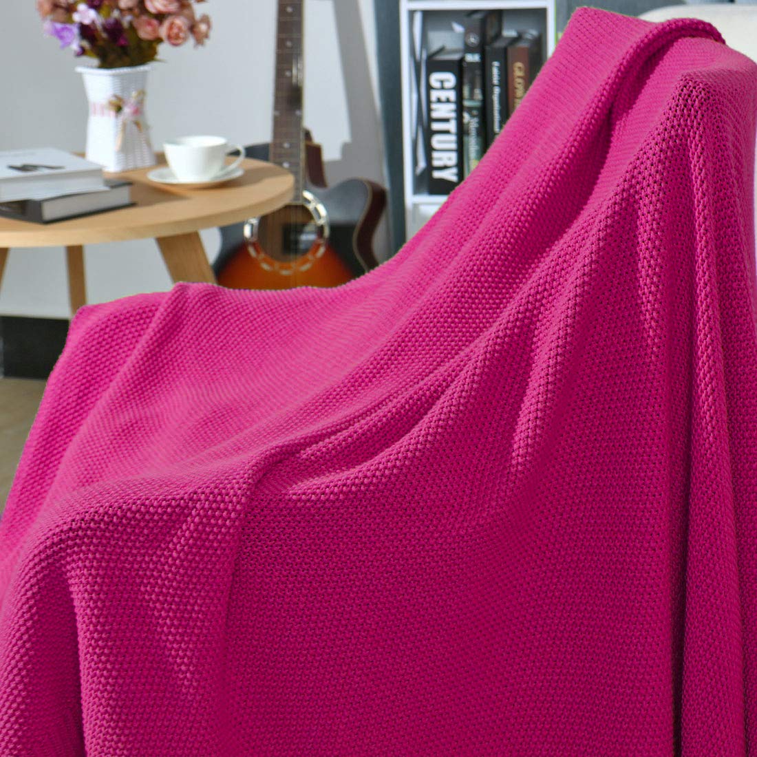 PiccoCasa Manta de Punto 100% Algodón, Decorativa Ligera y Sólida, Suave para Sofá, Fucsia, 50 x 60 Pulgadas